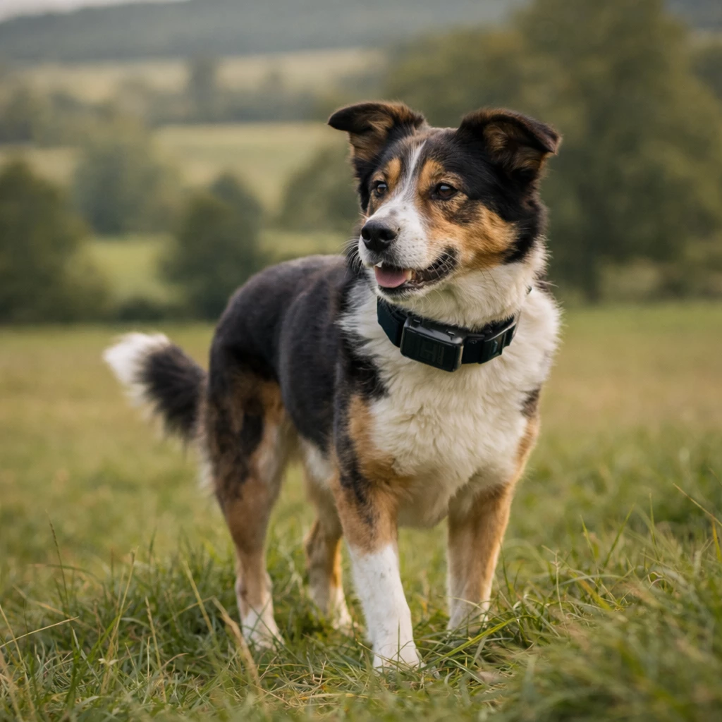 Dog wearing a GPS tracker collar outdoors