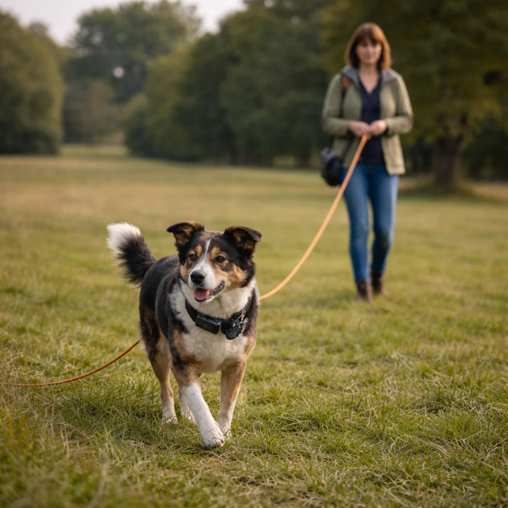 Dog on a training lead in an open field