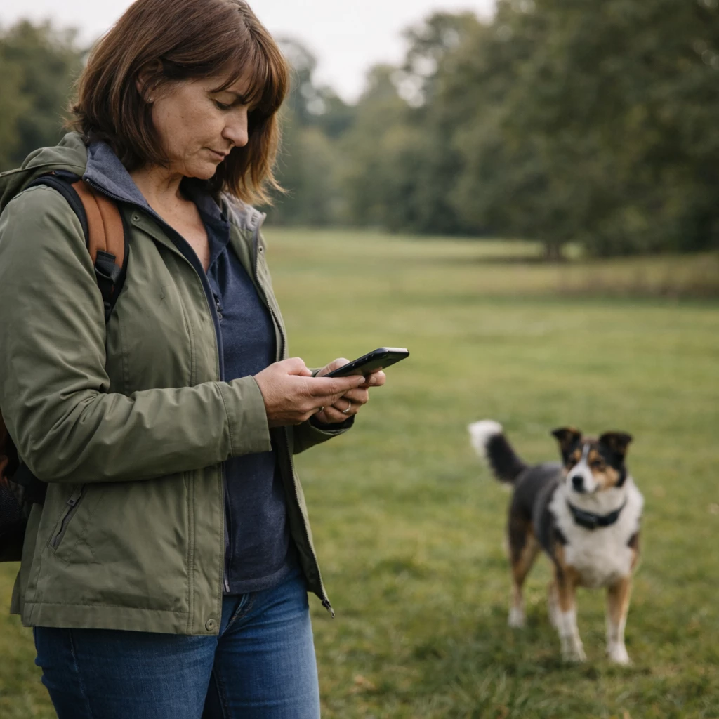 Woman checking her phone while standing with her dog in a park